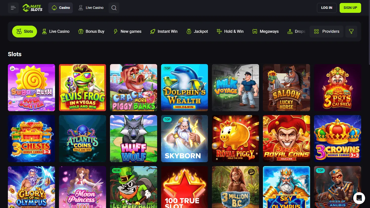 Mateslots Casino desktop games selection with slots and table games
