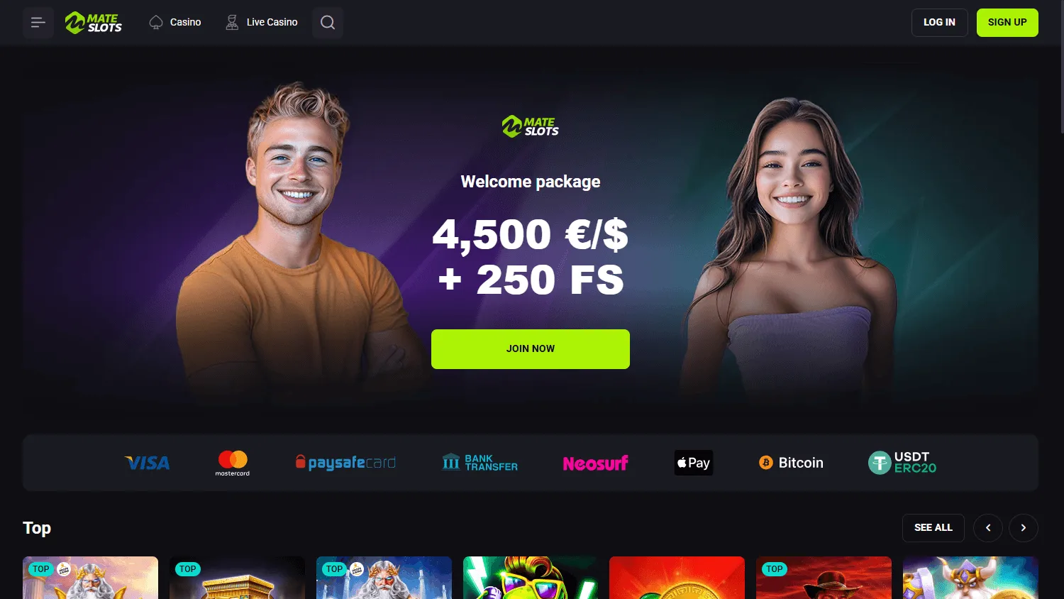 Mateslots Casino desktop game lobby with casino game categories