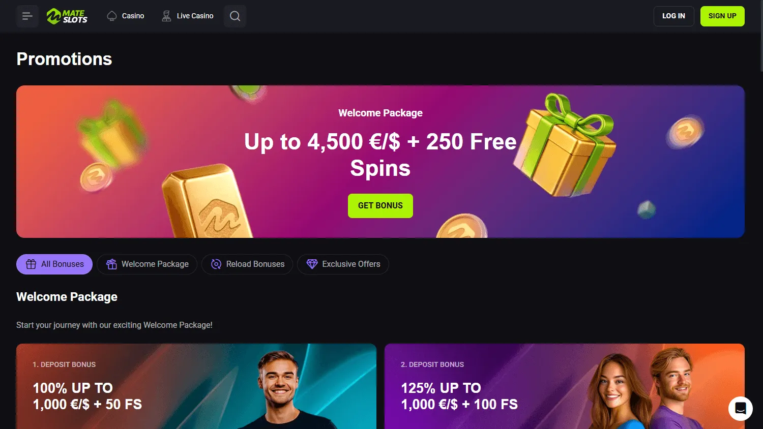 Mateslots Casino desktop promotions with deposit bonuses and Free Spins